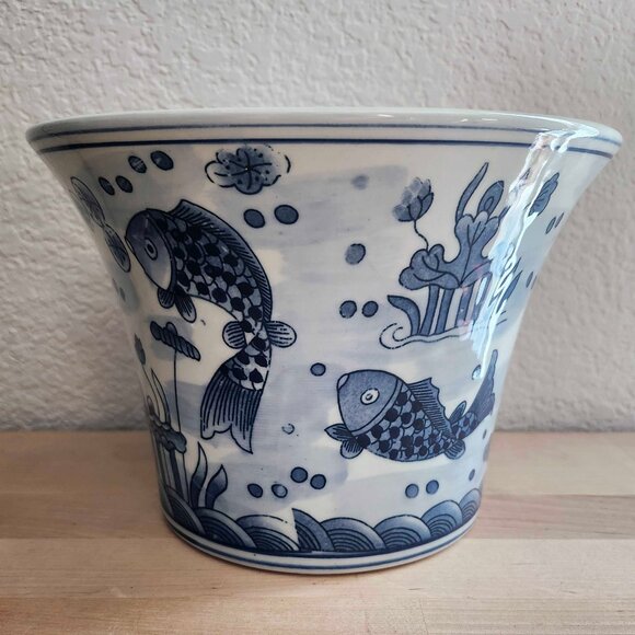 Chinese Ceramic Porcelain Blue and White Koi Fish 5.5\" Planter Cachepot